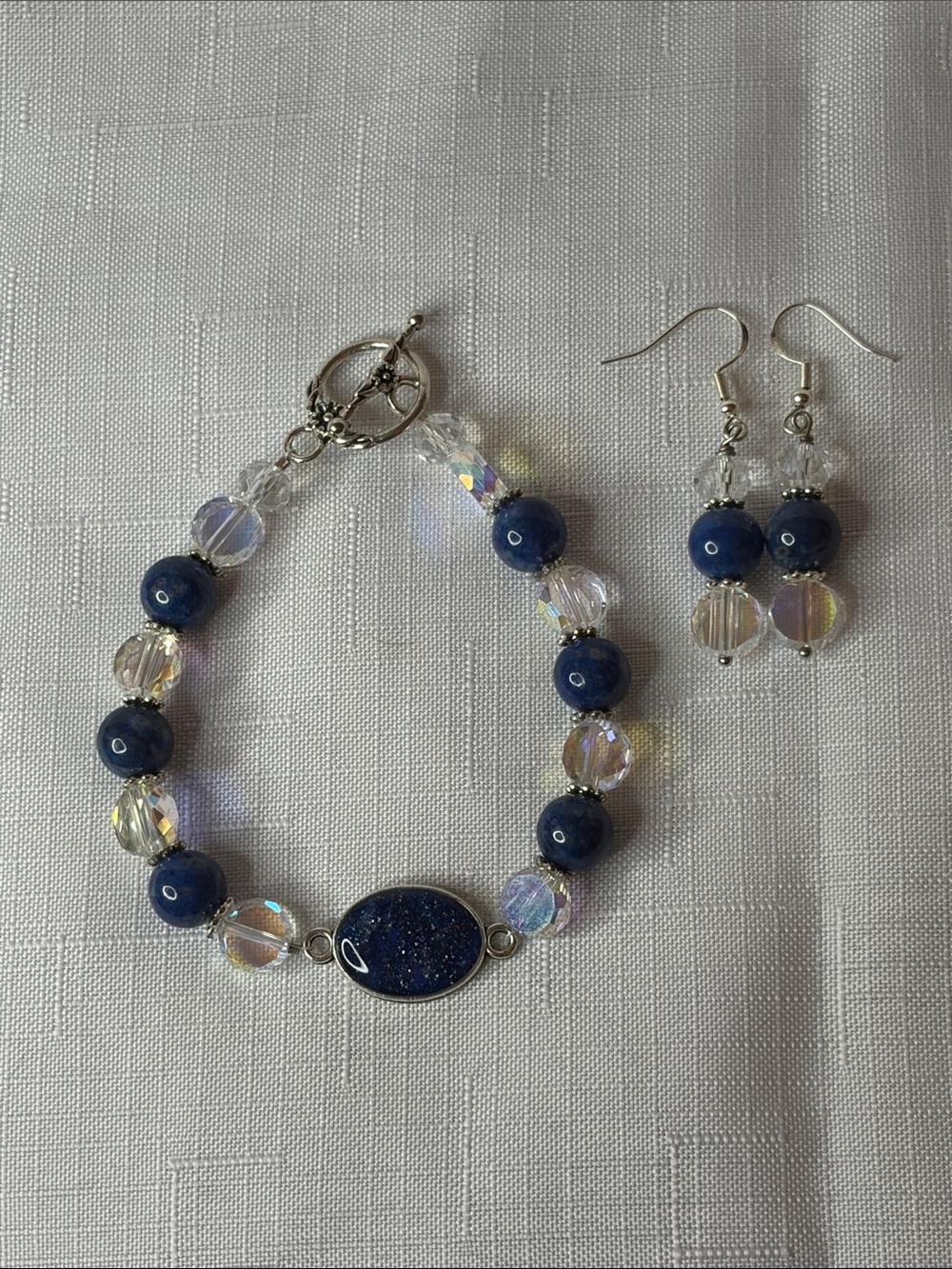 Handcrafted Denim Lapis and Crystal Bracelet an Earring Set
